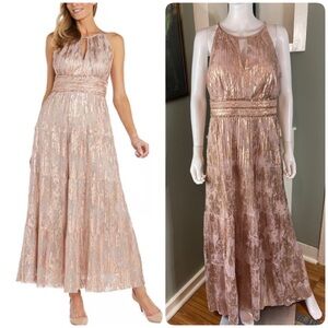 R&M Richards Rose Gold Foil Printed Gown Maxi Halter Tiered Dress Metallic Lame